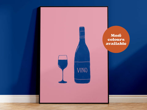 Vino Linocut Style Print: Pink and Blue / A4