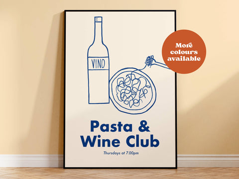 Pasta And Wine Club Handrawn Print: Cream and Blue / A5