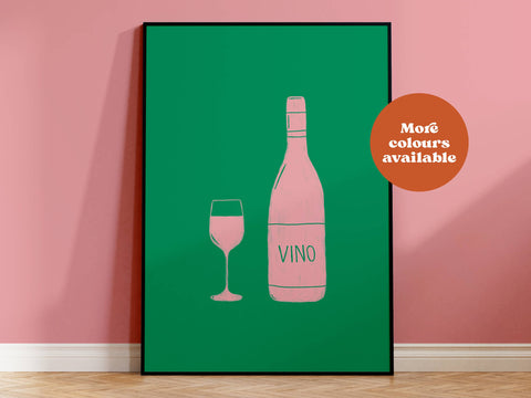 Vino Linocut Style Print: Green and Pink / A5